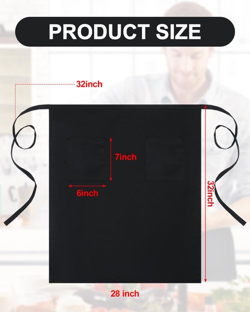 Xtinmee 10 Pcs Bistro Aprons Two Pockets 32 Inch Waterproof Half Waist Black Bistro Apron with Extra Long Waist Ties for Unisex Adult Front-of-house Staff