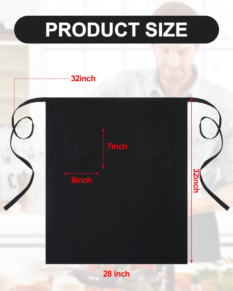 Xtinmee 10 Pcs Bistro Aprons 2 Pockets 32 Inch Waterproof Half Waist Black Bistro Apron with Long Waist Ties for Server Chef Waiter Waitress Bartender