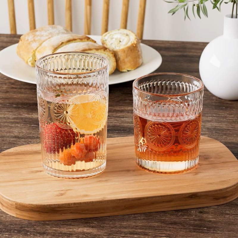Loivttvv 12oz Vintage Clear Ribbed Highball Glasses Set - Embossed Sunflower Pattern for Cocktails Water Juice & Whiskey