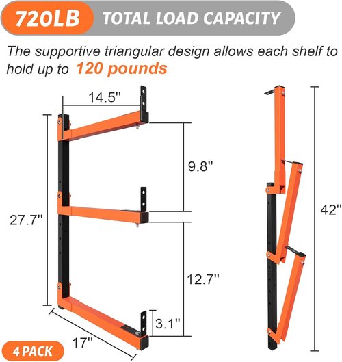 27-Inch Lumber Storage Rack by [Brand Name] - Adjustable 6-Hole Wall Mount Metal Shelves for Garage (4 Pack)
