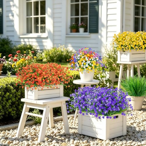 24 Bundles UV Resistant Artificial Outdoor Flowers & Faux Fern Plants