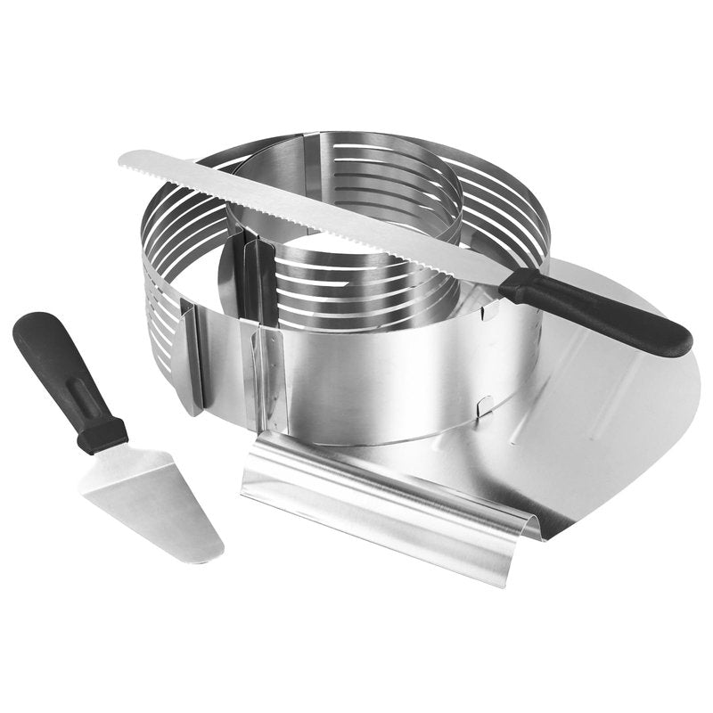 PINGEUI 5 PCS Cake Making Supplies Set, Cake Ring Mold 6 to12 Inch Adjustable Stainless Steel Cake Cutter Leveler, 7 Layer Cake Slicer Cutter