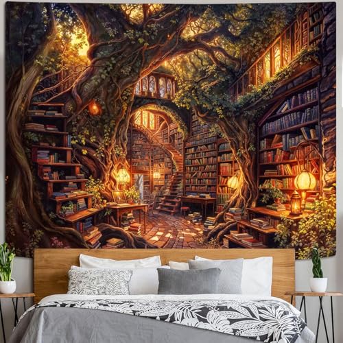 Vintage Forest Library Tapestry - Fantasy Bookshelf Wall Hanging (80 x 60 in)