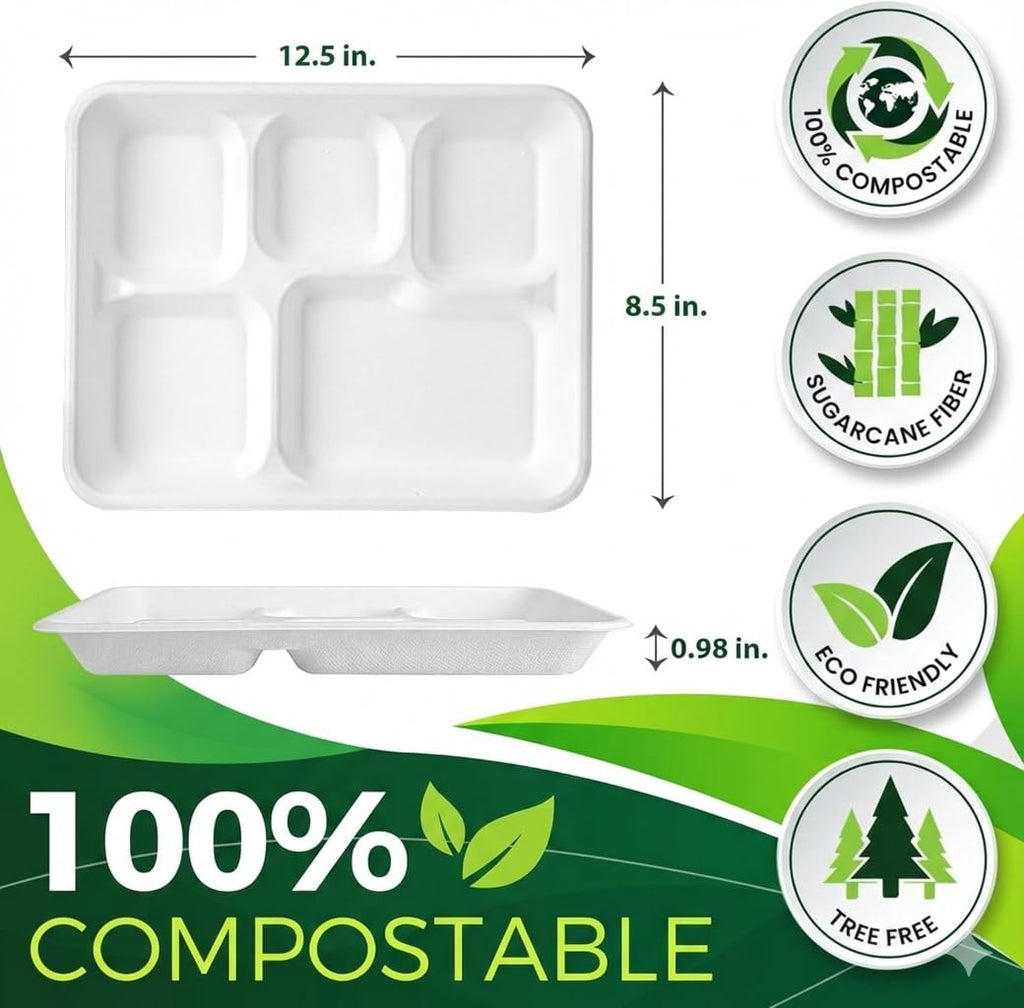 BIRCHIO 100 Pack 5-Compartment Plate Disposable, Compostable Divided Disposable Dinner Plates, Paper Tray for Food for Dinner and Party