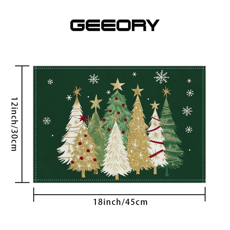 GEEORY Christmas Placemats 12x18 Inch Set of 4, Xmas Trees Snowflakes Winter Seasonal Holiday Farmhouse Kitchen Dining Table Decoration for Indoor Outdoor Dinner Party Décor (Green) GP127-18