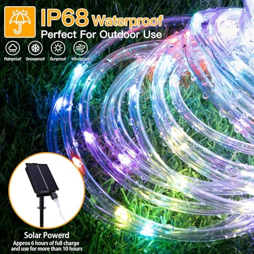 Outdoor Solar Rope Light with 200 LEDs, Waterproof, Multi-Color, Remote & Timer