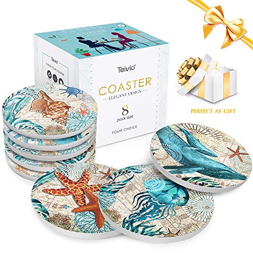 Teivio Ceramic Absorbing Coasters Set of 8 with Cork Base & Holder - Coastal Beach Decor