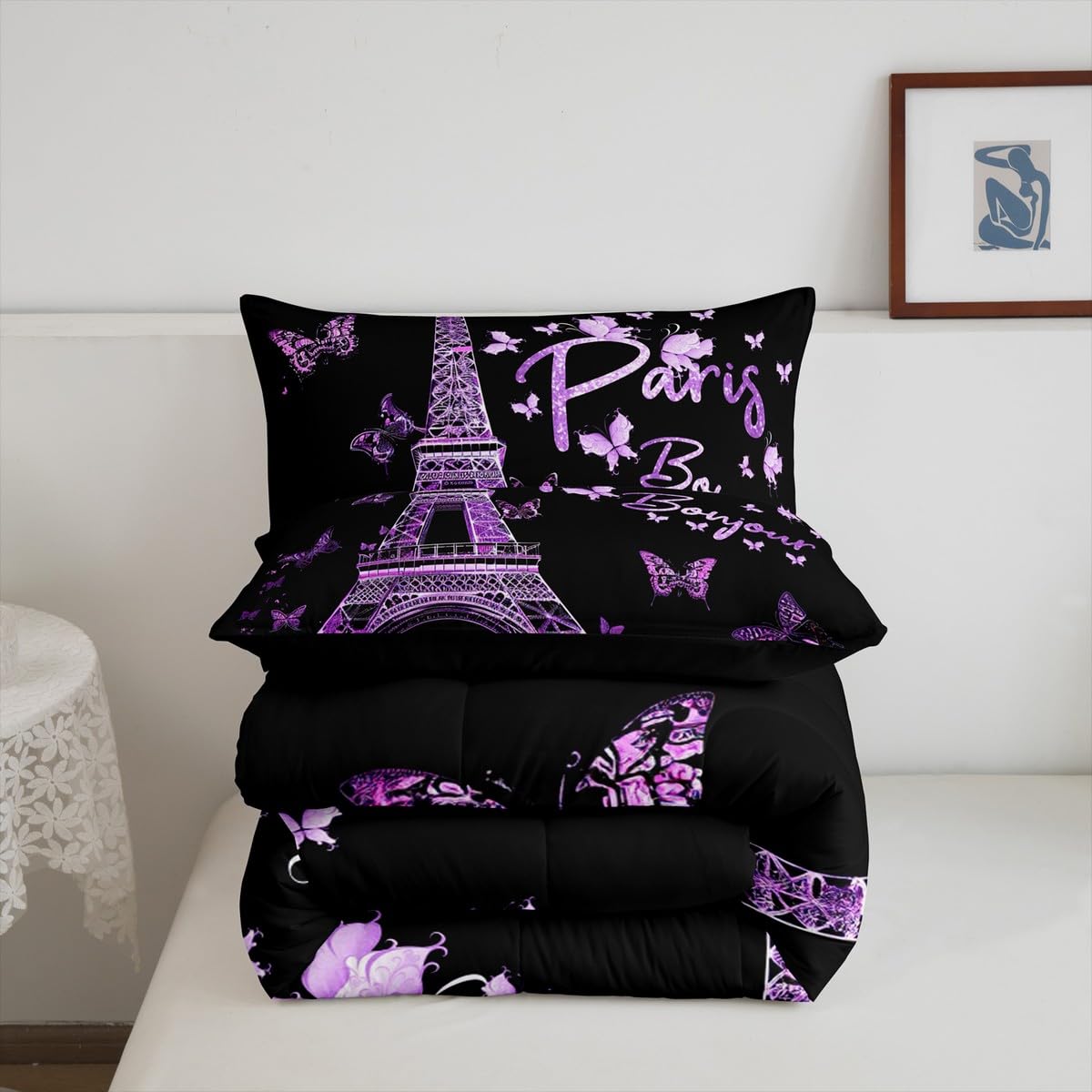 Feelyou Paris Eiffel Tower Comforter Set Girly Lavender Purple Bedding Set for Kids Boys Girls Butterfly Comforter Famous City Scene Decor Quilt Room 3Pcs Queen Size Boys