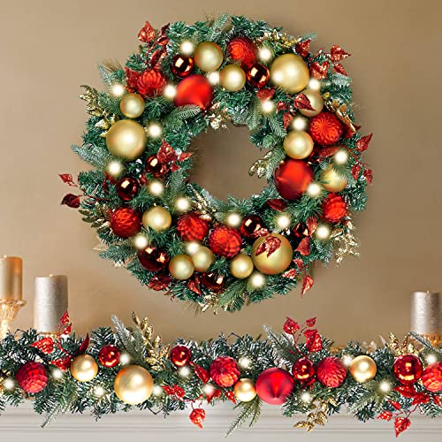 30-Inch Pre-Lit Christmas Wreath with LED Lights, Red and Gold Ornaments