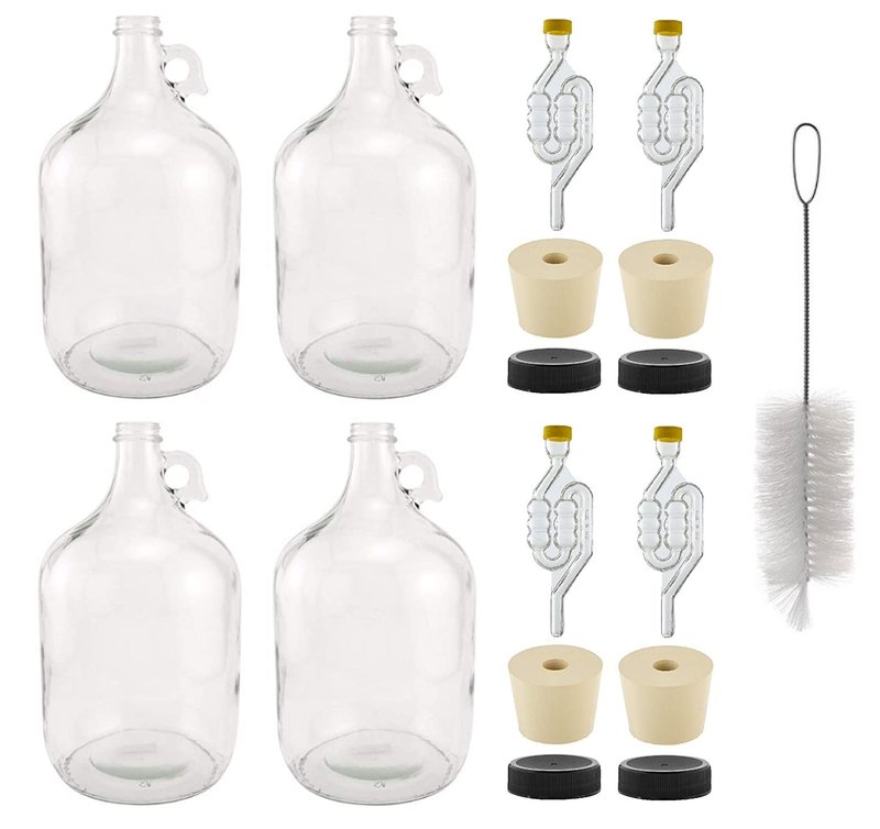 North Mountain Supply 1 Gallon Glass Fermenting Jug with Handle – Set of 4 – Includes 6.5 Rubber Stoppers, 6-Bubble Airlocks, Black Plastic Lids, and Cleaning Brush – 38mm CT Finish