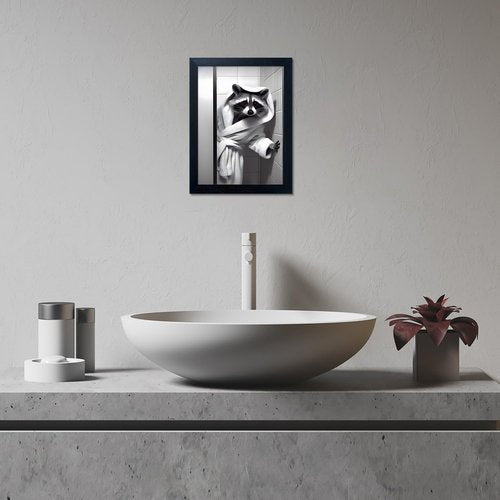 Farmhouse Bathroom Decor | Cute Raccoon Wall Art - Black and White Canvas Print for Fun Bathroom Accent