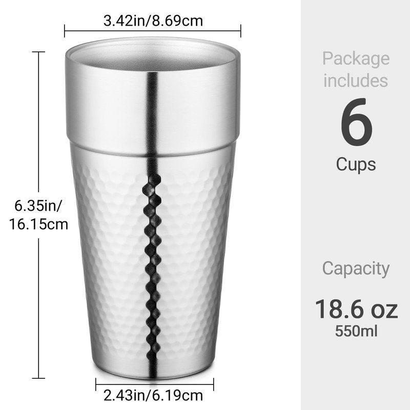 Beasea Stainless Steel Cups 19 oz, 6 Pack Large 18.6oz 550ml Stainless Steel Tumbler Stackable Double Wall Insulated Metal Drinking Glasses for Home Restaurant Office Party Camping