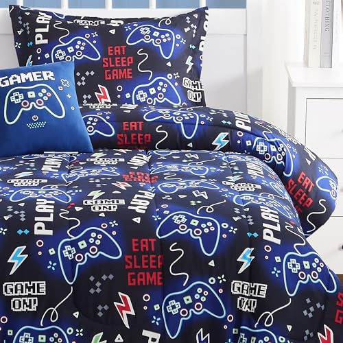 Glow in the Dark Gamer Twin Comforter Set - 3-Piece Kids Bedding Set