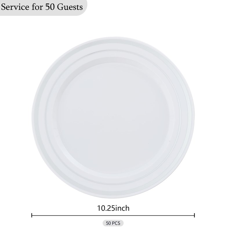 ISFANGCO 50 PCS Silver and White Plastic Plates for 50 Guests,10.25inch Silver Rimmed White Disposable Plastic Plates for Wedding,Party,Birthday,Smooth Edge & Heavy Duty Dinner Plate