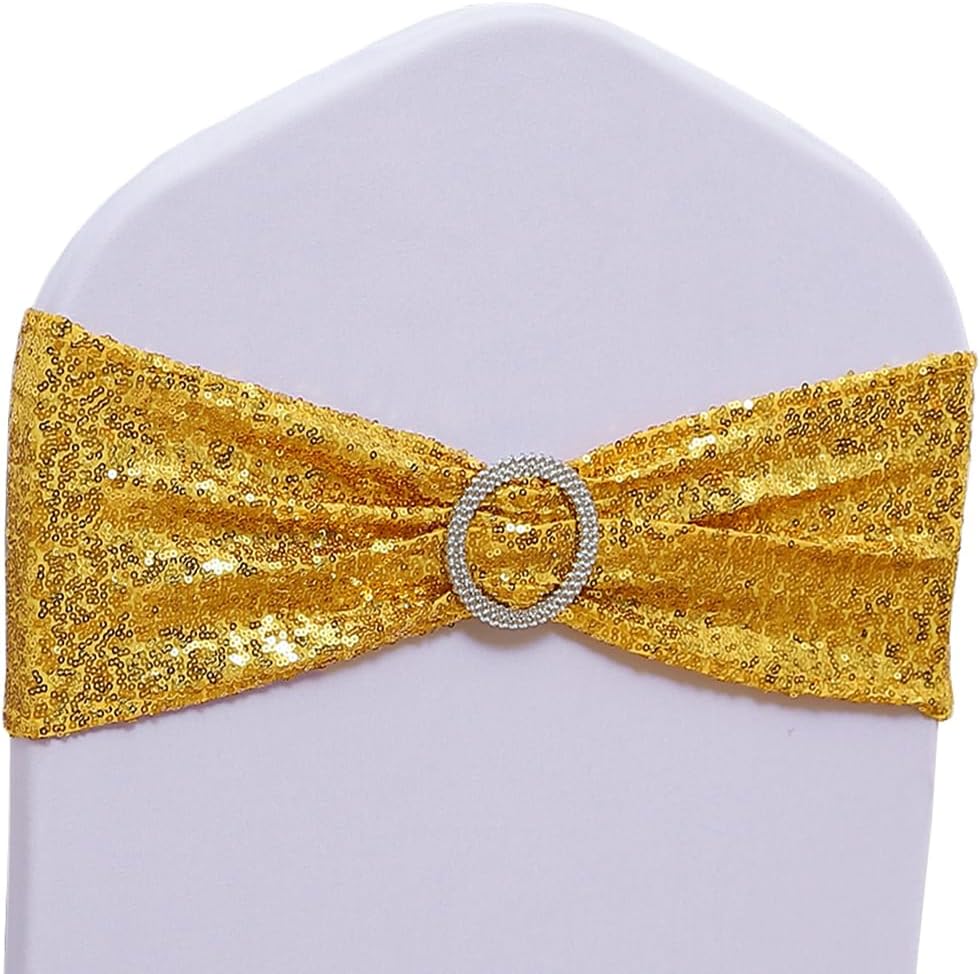 Skiennix Spandex Sequins Chair Sashes - Gold Chair Bands with Buckles for Weddings & Parties | Pack of 50