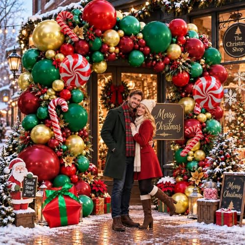 Double Stuffed Christmas Balloon Garland Kit - Dark Emerald Green, Red & Gold, Includes Double-Layer Balloons for Holiday Decorations