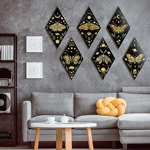 6-Piece Gothic Moth Wall Art Set, Wooden Boho Sun and Moon Hanging Decor