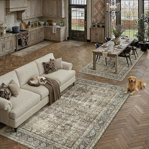Vintage Distressed Brown Runner Rug 3x7, Washable Non-Slip Hallway Carpet