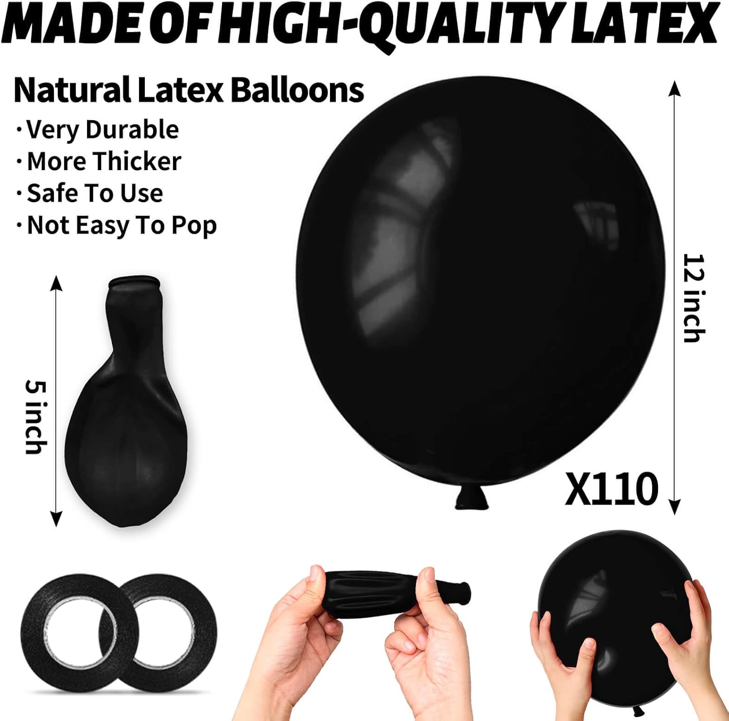 110pcs Black Latex Balloons - 12 Inch Party Balloons for Birthday, Baby Shower & Wedding | Includes 2 Ribbons