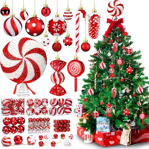 Vercraft 82 Pcs Christmas Candy Ornaments Set – Red & White Candy Cane, Includes 11in Topper