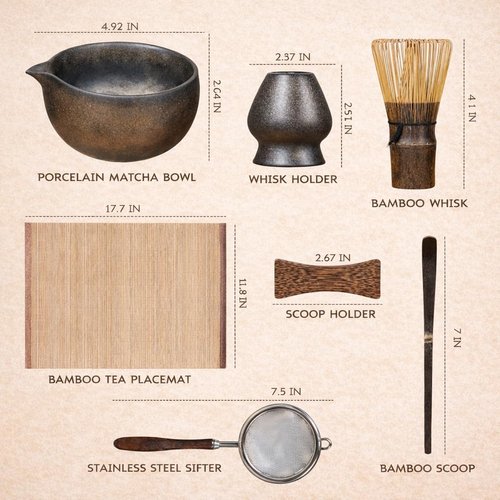 Matcha Maiden 7-Piece Matcha Whisk Set - Handmade Bowl, 100-Prong Bamboo Whisk & Complete Accessories