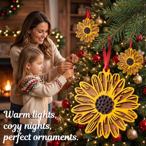 Wooden Sunflower Christmas Ornament - 4 Inch Festive Floral Decor