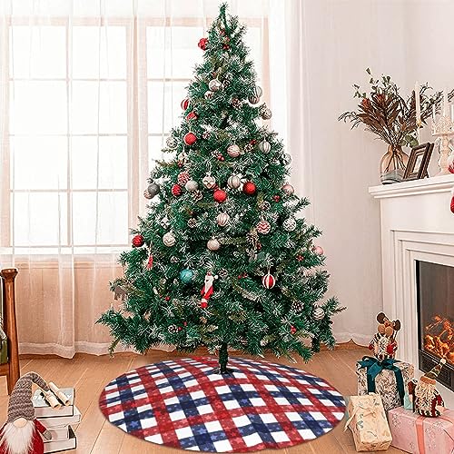 LUMANSITTER 36" July 4th Patriotic Flag Plaid Christmas Tree Skirt — Red/White/Blue, Faux Frosted Fabric