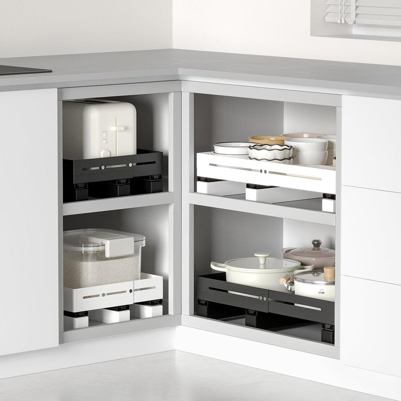 AmzAge Pull Out Cabinet Organizer With Raising Pad for Framed Cabinets,Adjustable Depth(12.8"-17.5") And Width(14.8"-20.5"),Slide Out Drawers,No Drill Design,Heavy Duty Storing,White