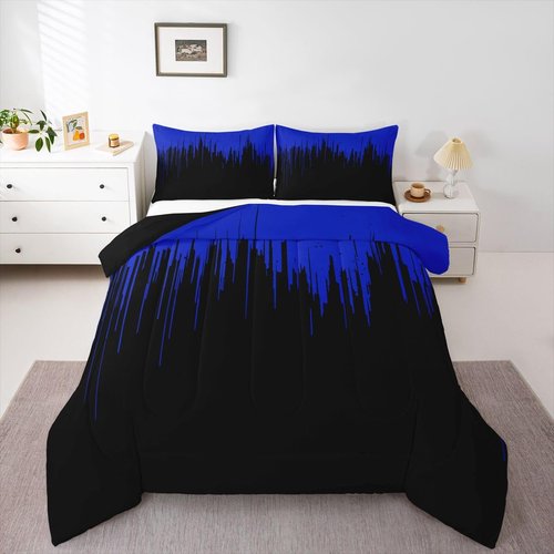 Feelyou Kids Blue Black Comforter Set Full Size Ombre Stripes Bedding Set Set for Boys Teens Decor Abstract Art Comforter Modern Design Duvet Set Bedroom Geometric Quilt Set 3Pcs