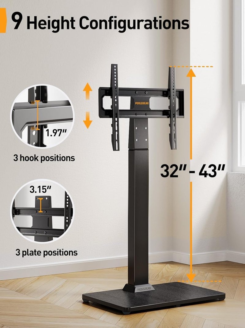 Perlegear Floor TV Stand with Mount for 32-70 inch TVs up to 88lbs, Floor Standing TV Stand with 9 Height Adjustment, TV Swivel Stand for Living Room with Wood Base, Max VESA 400x400mm, PGFS09