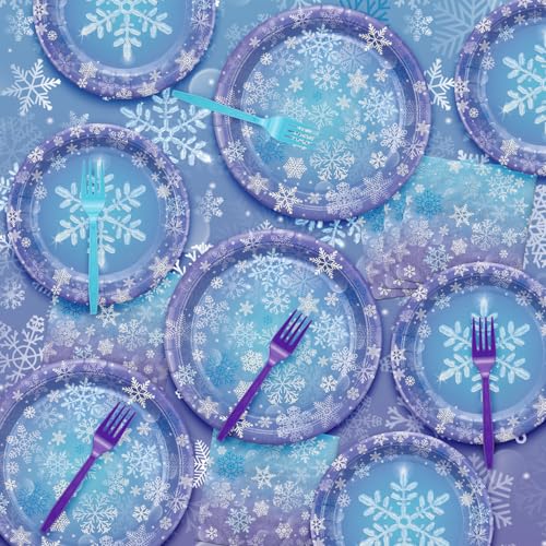 QUERICKY Winter Snowflake Party Supplies Set for 20 Guests - Princess & Holiday Decor, Includes Plates, Napkins, Forks, Tablecloth - Variation 81