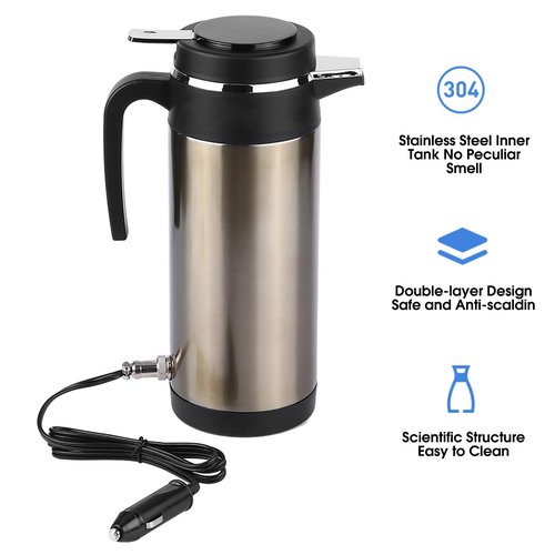 Acouto 12V Car Electric Kettle 1000ML Stainless Steel Car Electric In-car Kettle Travel Thermoses Heating Water Bottle Heating Cup