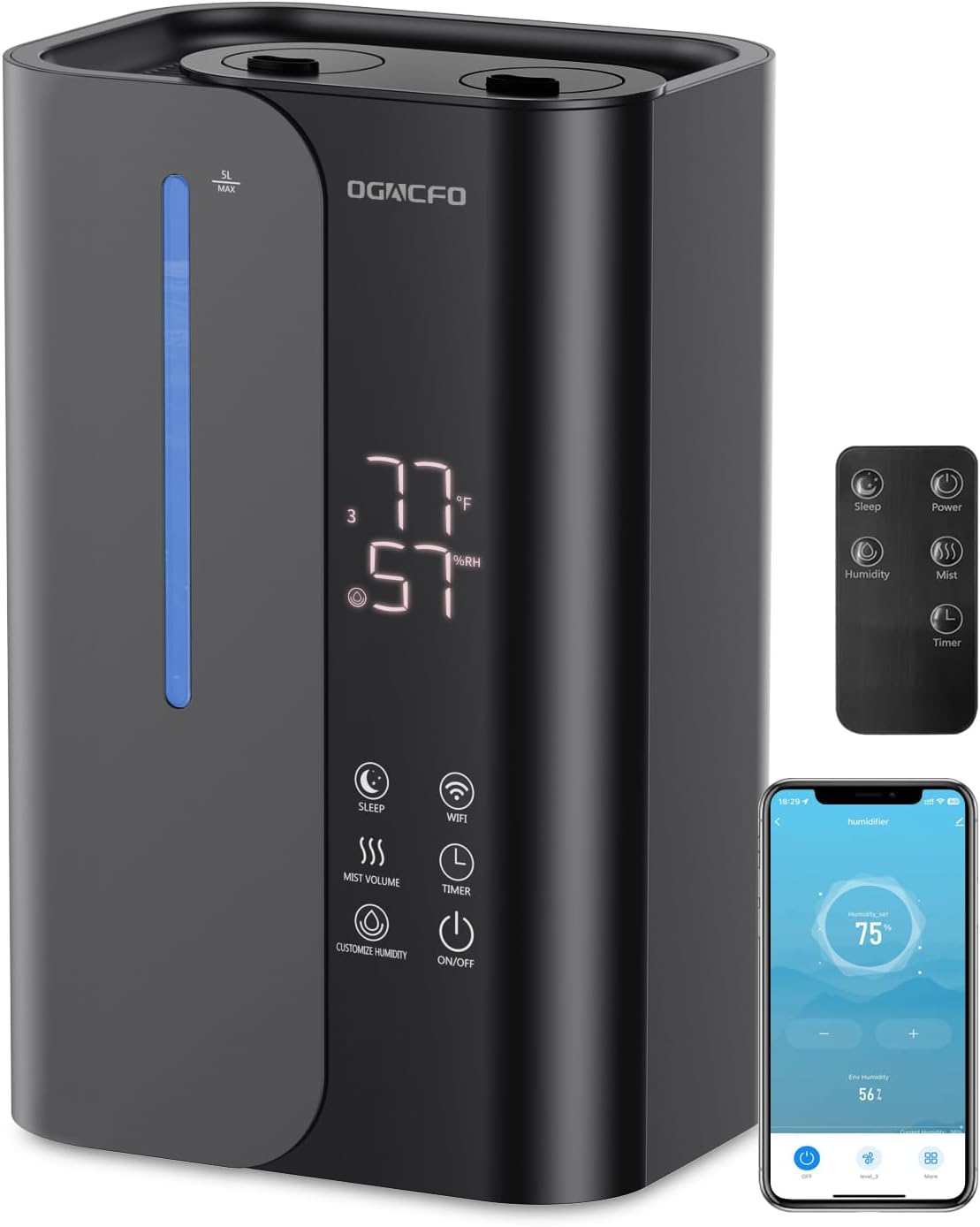 OGACFO 5L Smart Air Humidifier - Top Fill Design, 50H Runtime, Quiet 28 dB for Bedroom & Nursery