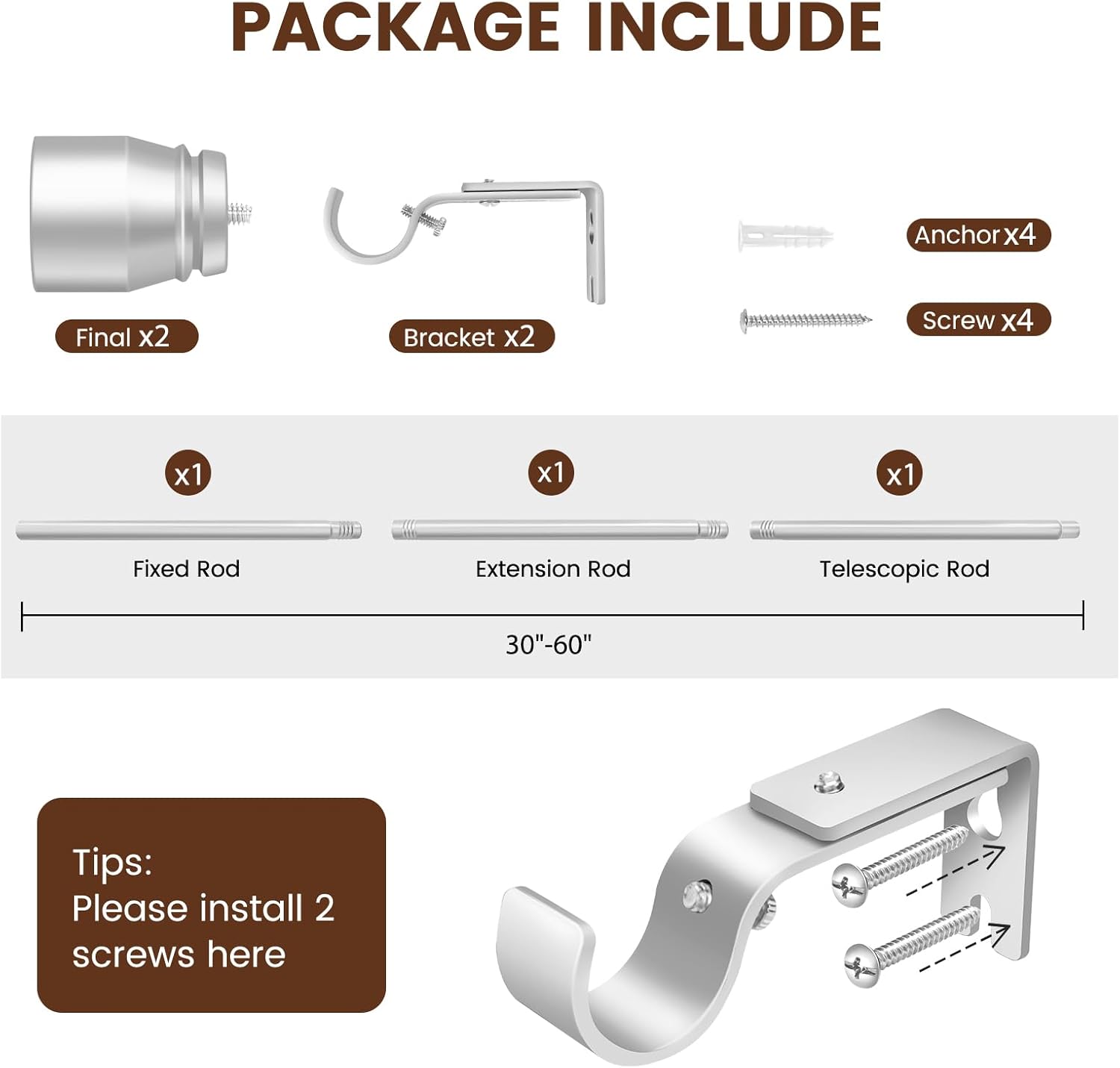 Skiennix 1” Diameter Silver Curtain Rod - Heavy Duty Adjustable Telescopic Design | Fits 30-54 Inch Windows