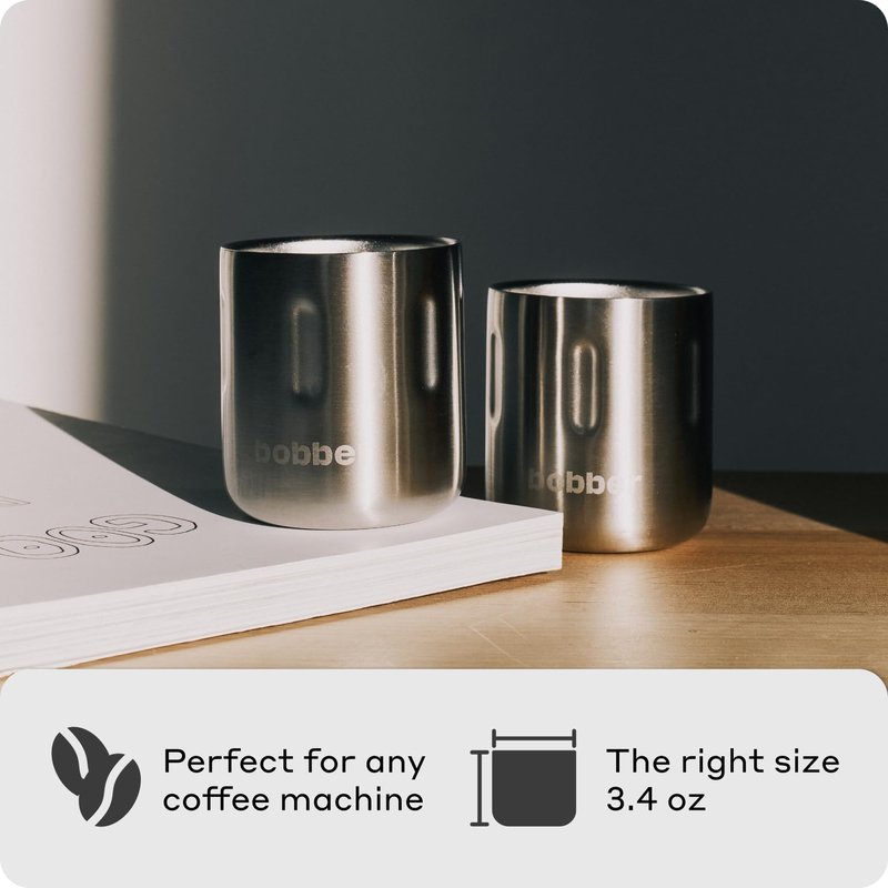BOBBER Shot - 3.4 oz (100ml) Stainless Steel Double Walled Espresso Cups - Set of 2 Heat Resistant Non Insulated Metal Coffee Cups With Gift Box (Matte)