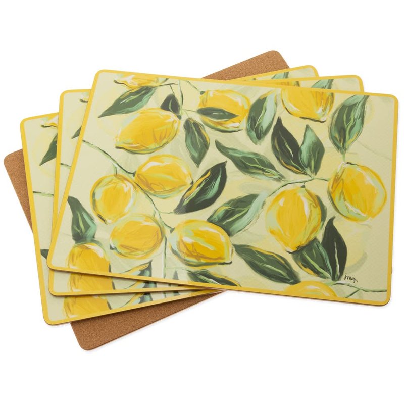 Boston International Placemats Cork Backed Placemat Set, 15.75" x 11.75", Painterly Lemons, 4-Count