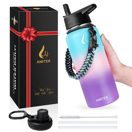 AMITER Insulated Bottle with Straw & Spout Lid, Wide Mouth Stainless Steel Water Bottles with Paracord Handle - 22oz