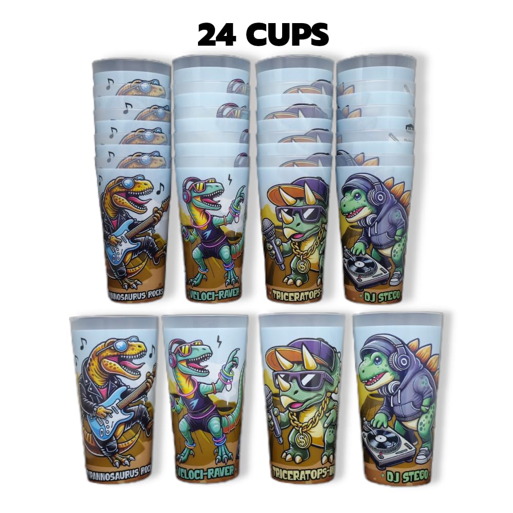 ReVè Dinosaur Party Cups – Set of 24 | Fun & Reusable Kids Cups with Name Label Spot | Personalized Plastic Cup | BPA-Free Tumblers | Top-Rack Dishwasher Safe | Recycled & Recyclable