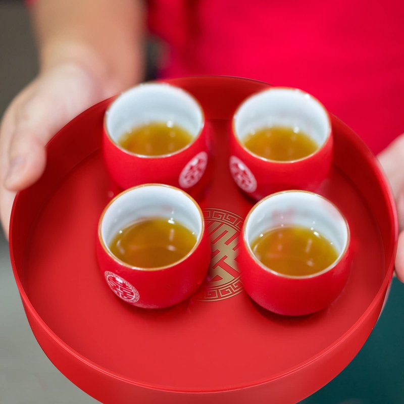 Red Serving Tray Set: 3PCS Decorative Round Wedding Snack Trays and Petal Snack Bowls - Flower Shape Candy Plate Happiness Chinese Wedding Decor for Tea, Fruit, and Coffee Table