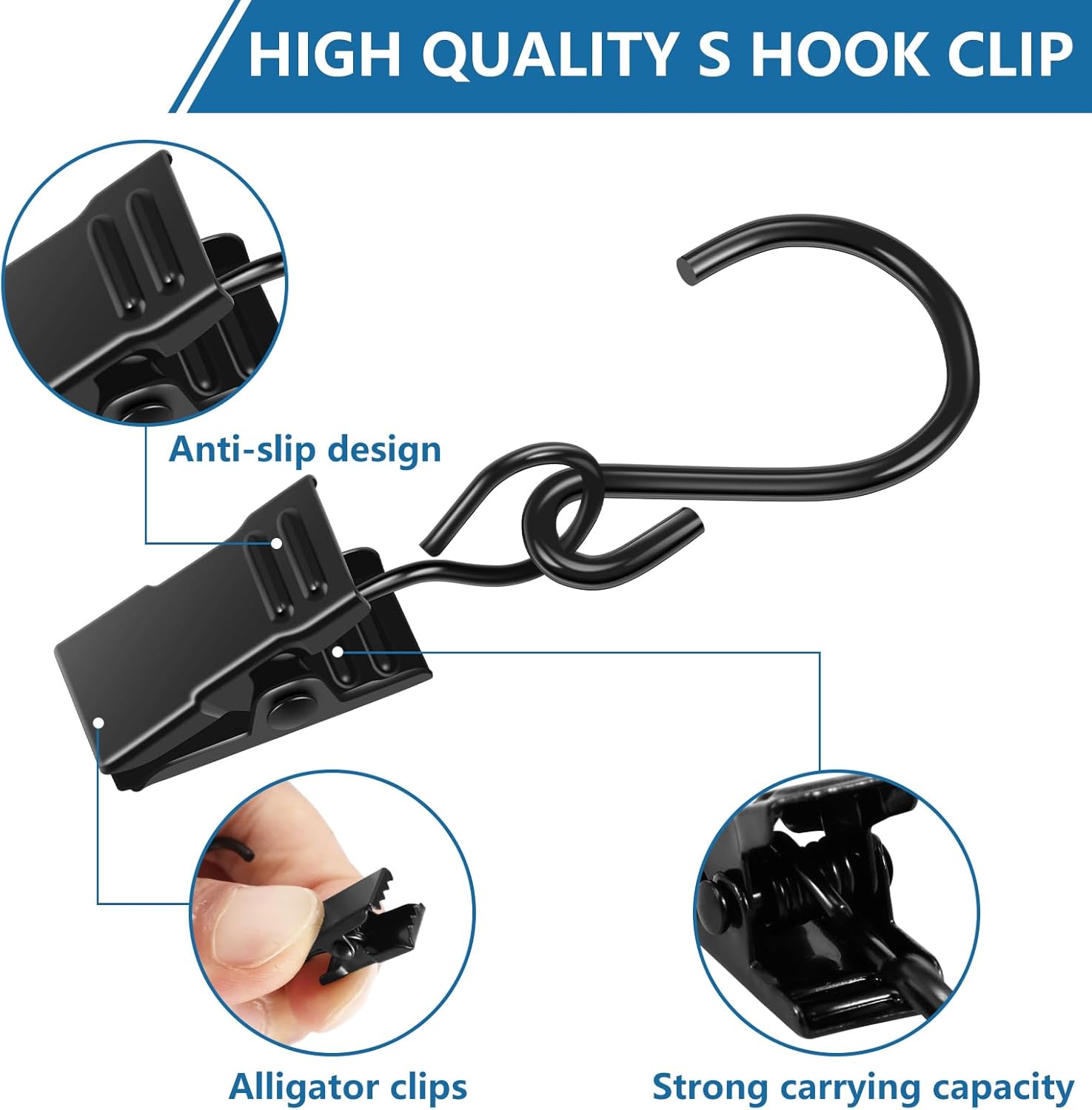 Skiennix 100-Pack Heavy Duty S Hooks - Rust-Proof Metal Clips for Outdoor Lights & Decor, 2.36 Inch - Black