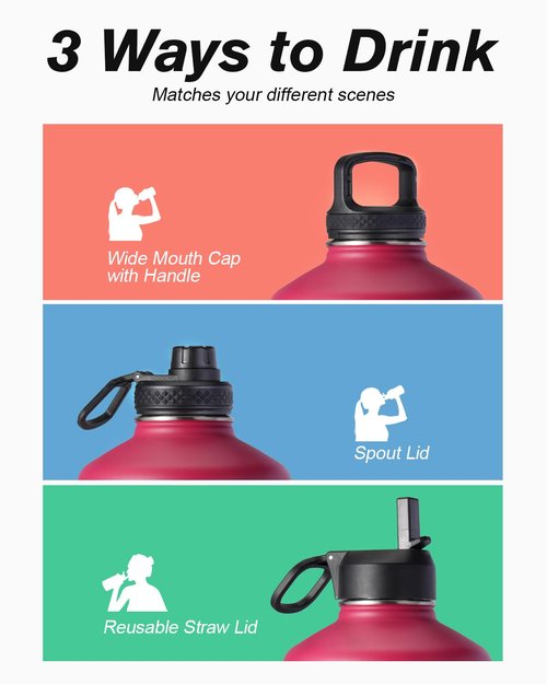 Coolflask 128 oz Gallon Water Bottle Insulated with Straw&3 Lids, Water Jug Large Stainless Steel Metal Vacuum Wide Mouth for Sports, Gym or Office, Non-BPA Keep Cold 48H Hot 24H, Ombre Wine/Navy