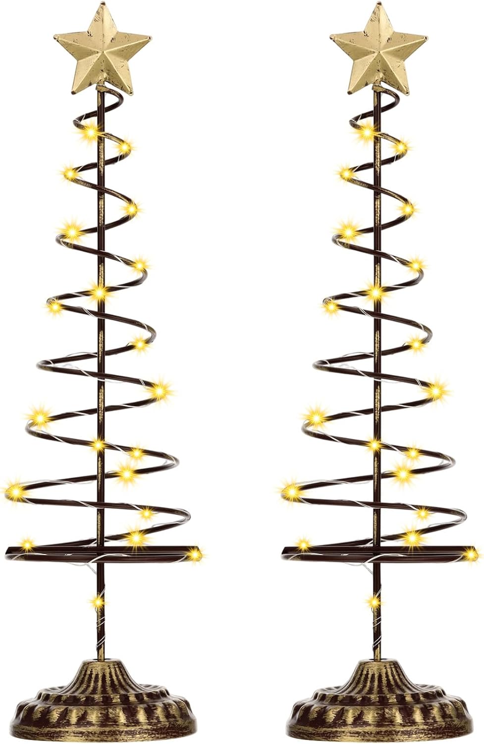 Skiennix Lighted Christmas Tree Table Decoration - Set of 2 Mini Prelit Xmas Trees with Golden Star | Battery Operated, Gold