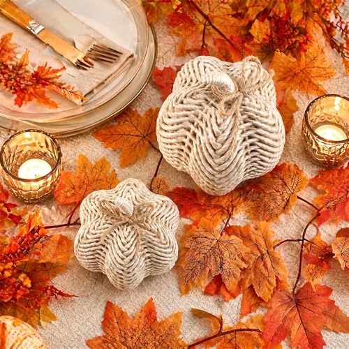Set of 2 Resin Pumpkin Figurines, Faux Rattan White Fall Tabletop Decor