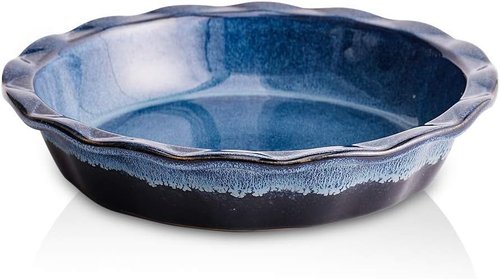 KOOV Ceramic Pie Plate - 9-Inch Round Baking Dish for Desserts | Reactive Glaze in Nebula Blue