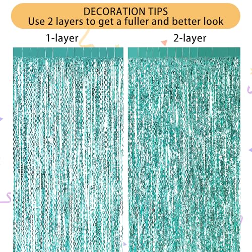 3 Pack Teal Wavy Foil Fringe Curtains 3.3ft x 6.6ft Metallic Backdrop
