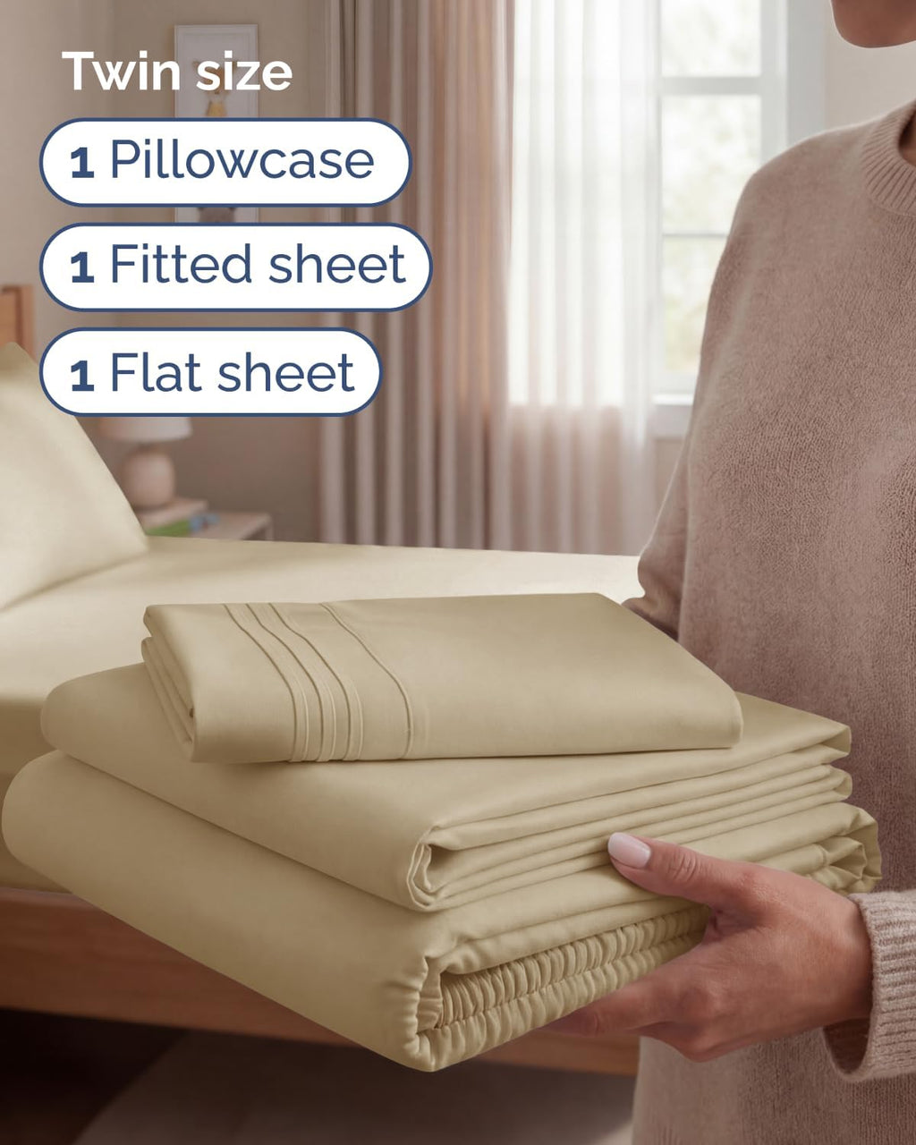 Regine Switzerland Twin Size 3-Piece Sheet Set - Comfy, Breathable & Cooling Luxury Bedding - Ultra-Soft, Deep Pockets - Oeko-Tex Certified - Beige