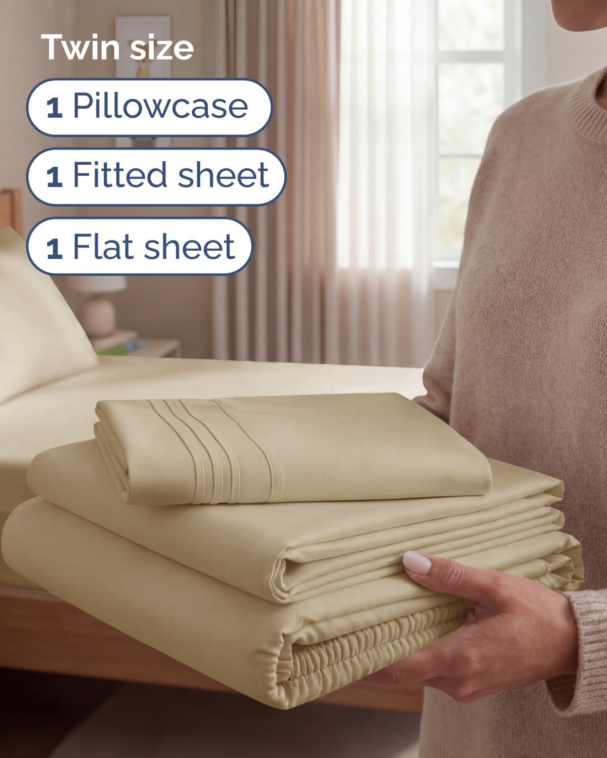 Regine Switzerland Twin Size 3-Piece Sheet Set - Comfy, Breathable & Cooling Luxury Bedding - Ultra-Soft, Deep Pockets - Oeko-Tex Certified - Beige