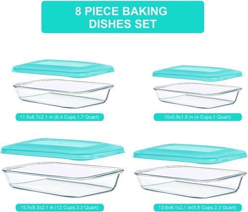 KOMUEE Glass Baking Dish Set - 8 Pieces Rectangular Bakeware with BPA-Free Lids | Ideal for Lasagna & Leftovers