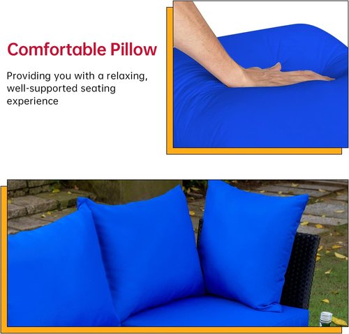FDW Outdoor Sectional Sofa Set - 5-Piece Wicker Rattan Conversation Set with Blue Cushions for Patio & Garden