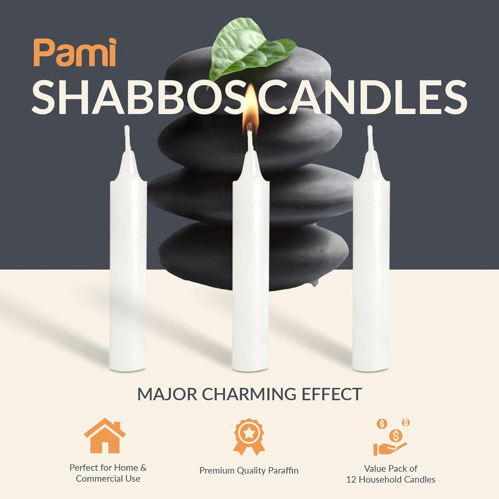 PAMI Traditional Shabbat Candle Sticks - 12-Pack Unscented Taper Candles | 3-Hour Burn Time, Elegant Flame